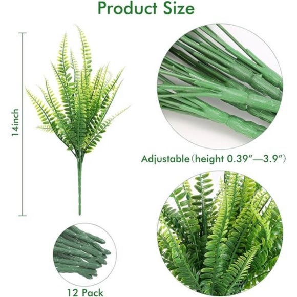 12 Bundles Artificial Plants, Fake Boston Fern Greenery Outdoor UV Resistant - Picture 2 of 9